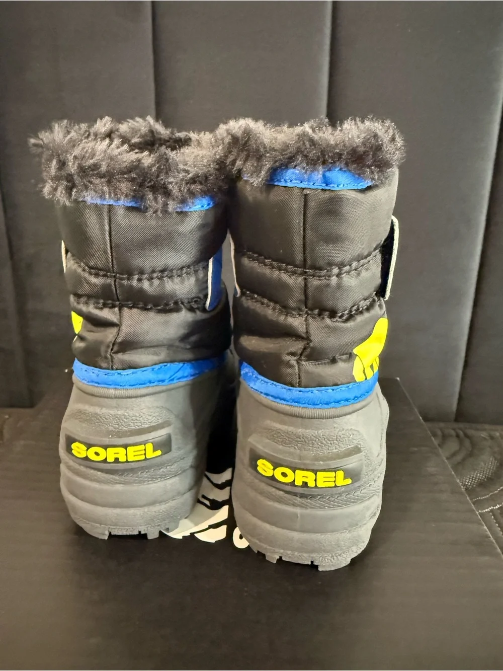 Sorel Kids Black and Blue Snow Boots with Yellow Logo